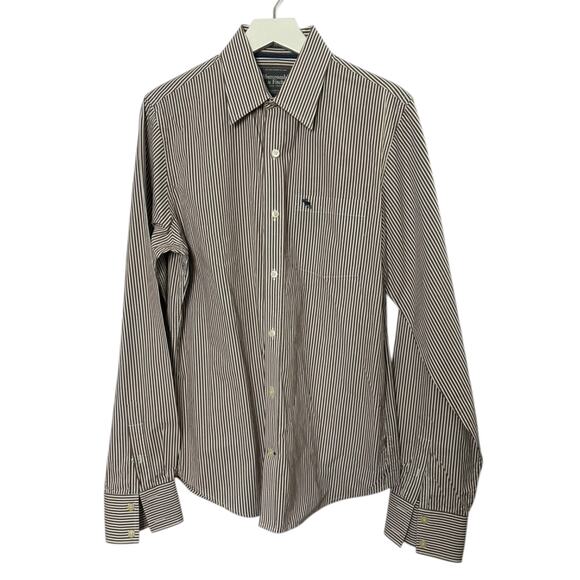 Abercrombie & Fitch Muscle Brown & White Stripe Button-Up Shirt Men's Large - Picture 1 of 8